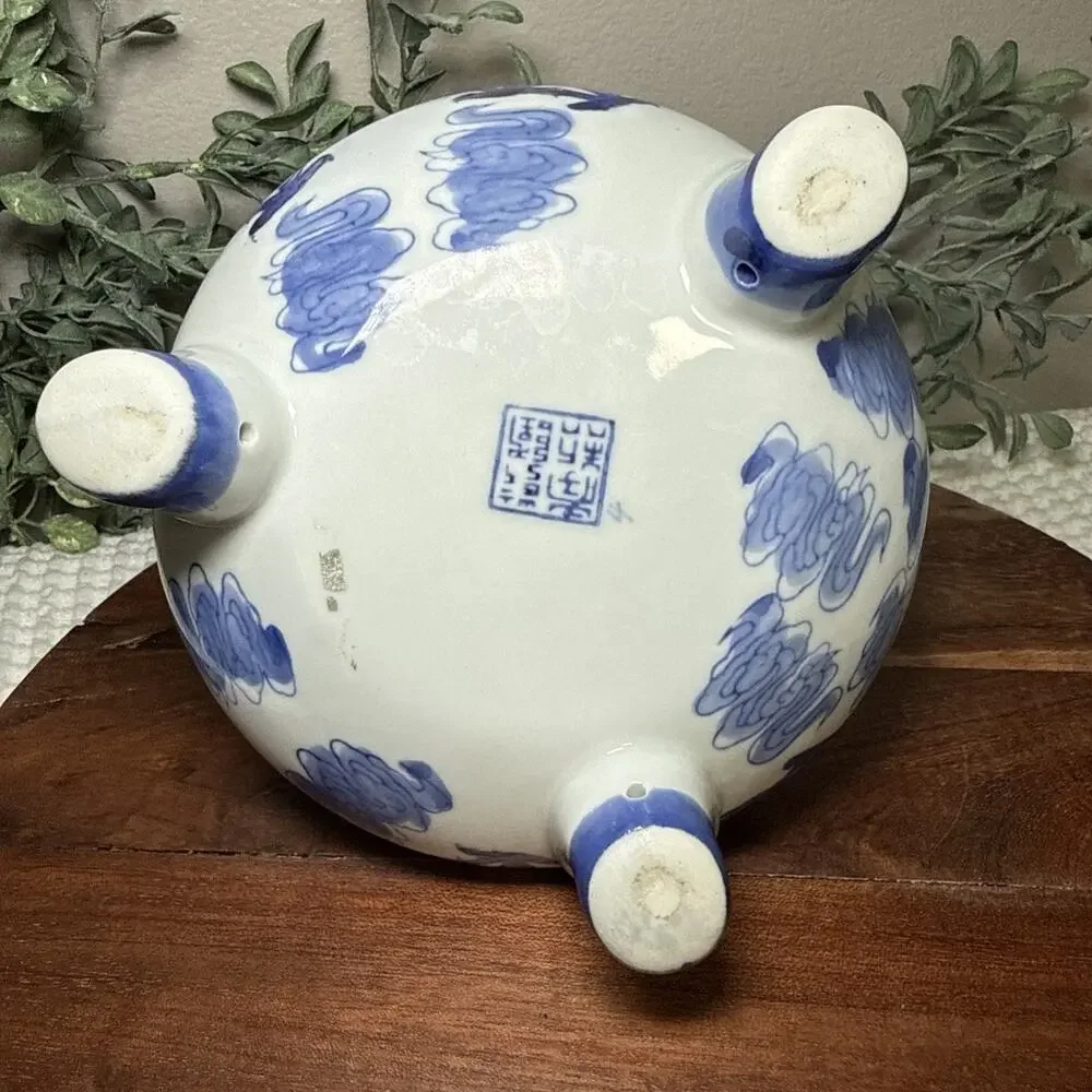 Chinese Blue White Dragon Tripod Censer Cachepot Planter Ceramic 6” Vintage